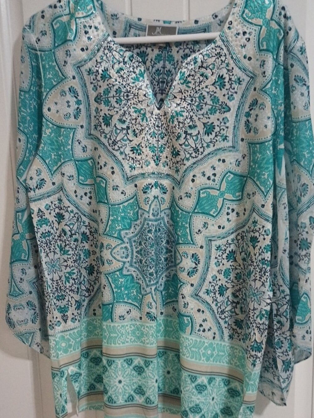 JM Collection Paisley Boho Tunic Top Beaded V-Neck XL Turquoise White NWOT - Picture 5 of 15